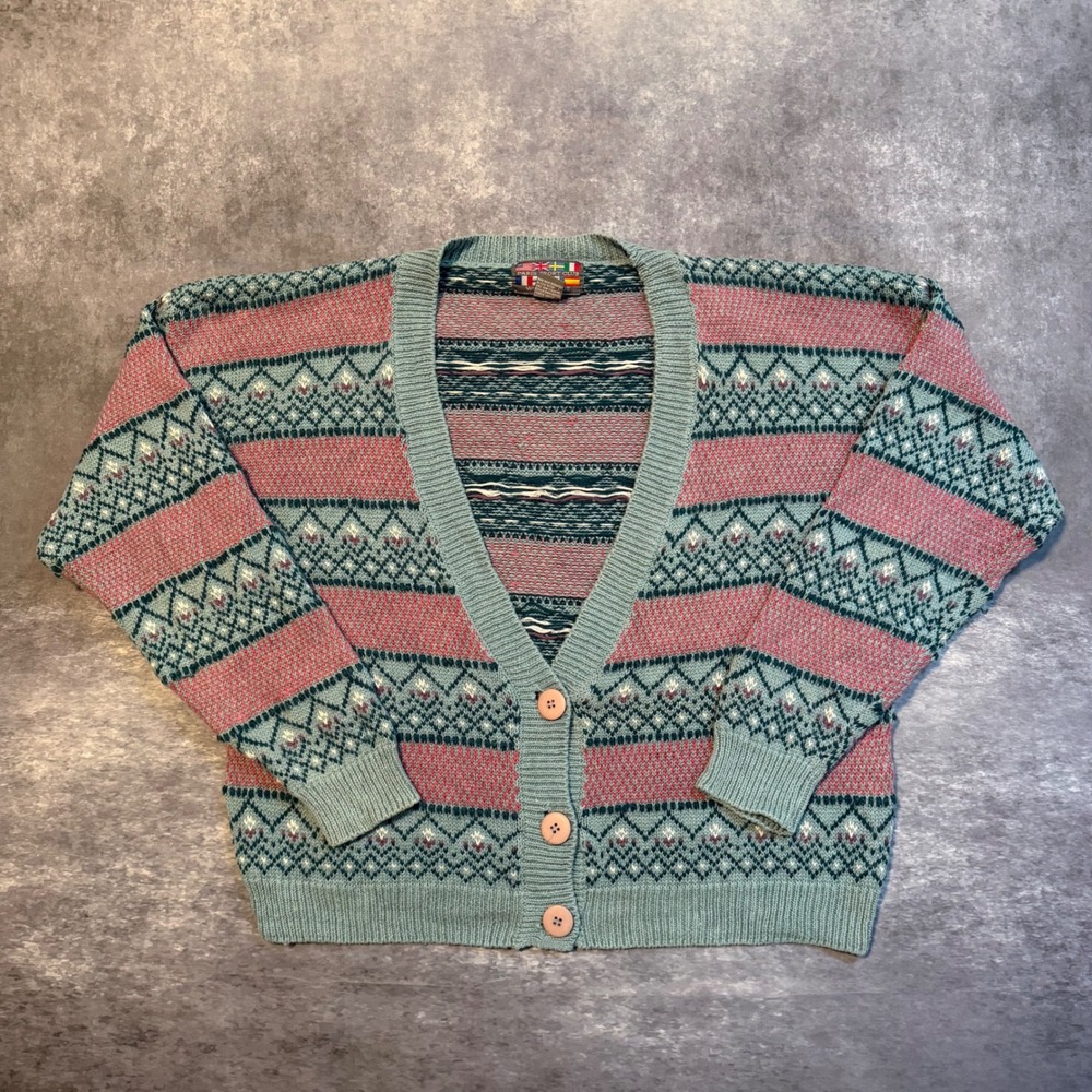 Vintage Paris Sport Club Fair Isle Cardigan Sweater Womens L Blue Rose 90s Knit